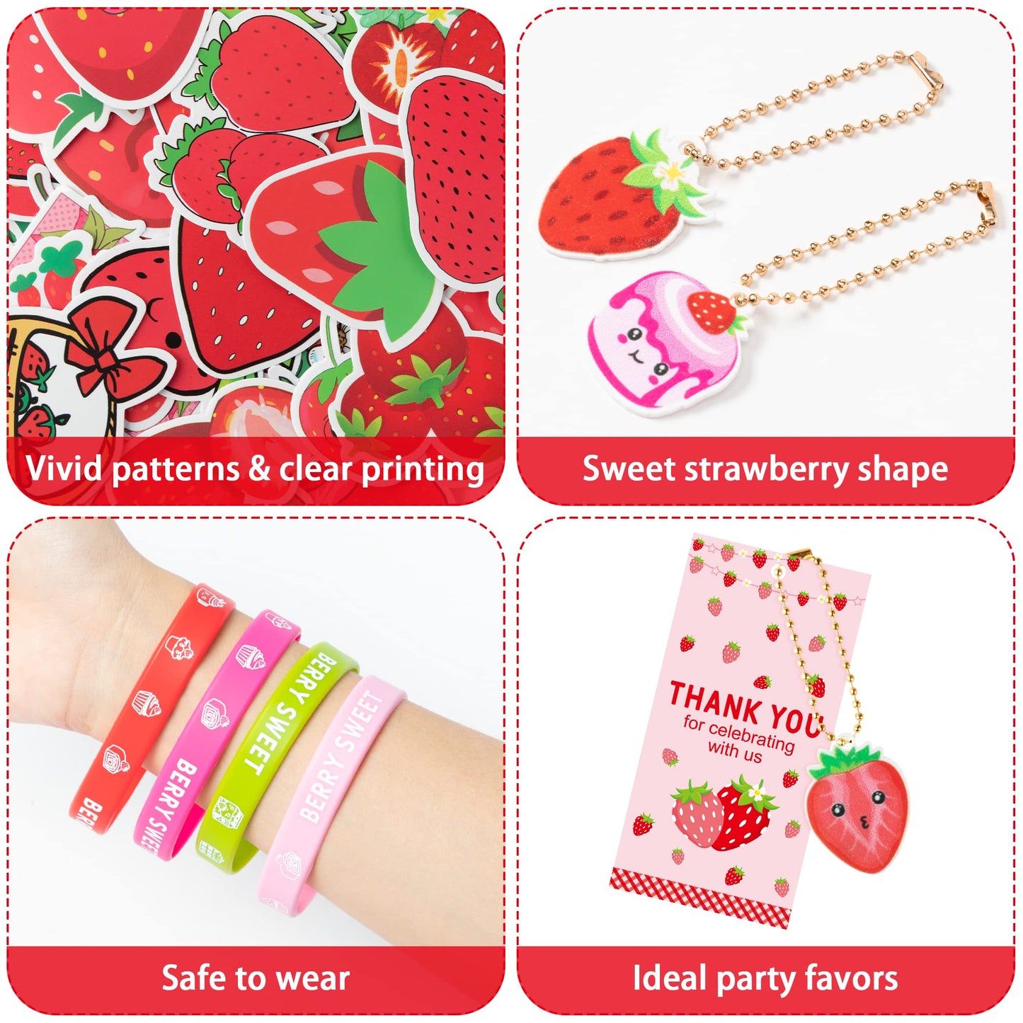 Haooryx 110PCS Strawberry Theme Party Favors Fruit Mochi Toys Berry Sweet Rubber Bracelet Acrylic Strawberry Scrapbook Stickers