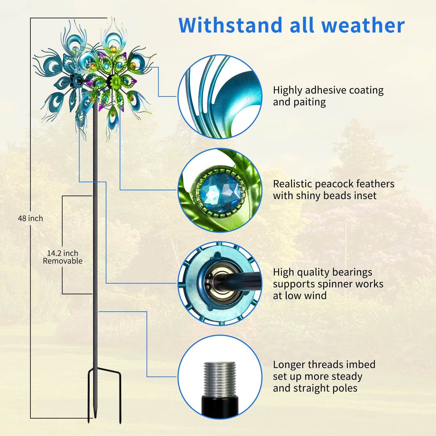 Roaming Light Peacock Wind Spinner, 48Inch Double Wind Sculpture, Wind Sculptures & Spinners Outdoor Metal Stake Yard Spinners,