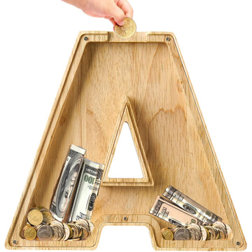 Bemaystar Personalized Kids Piggy Bank: Customized Name Letter, Wooden Money Bank for Boys Girls, Birthday (A)