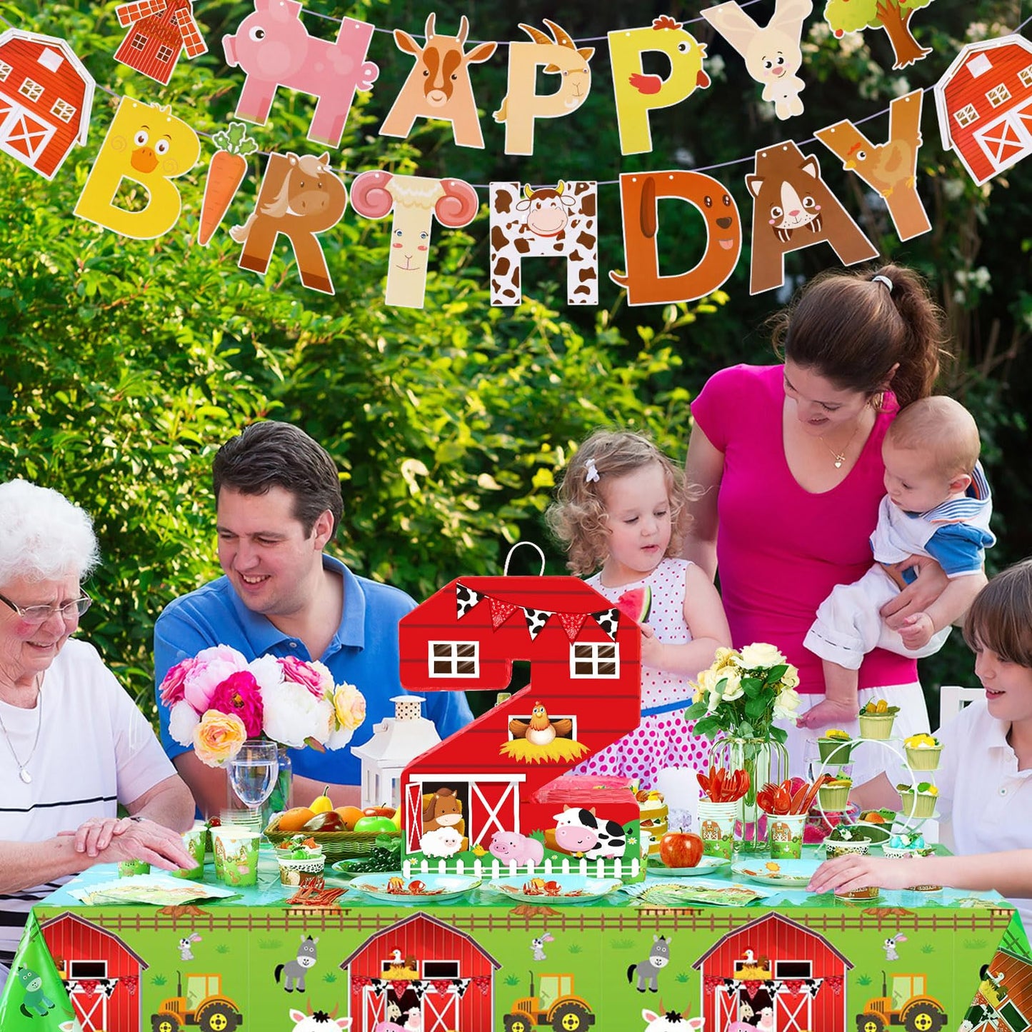Hungdao Farm Birthday Piñata - Number 2, Red Cardboard Piñata with Blindfold, Bat & Confetti for Boys & Girls Party Decorations