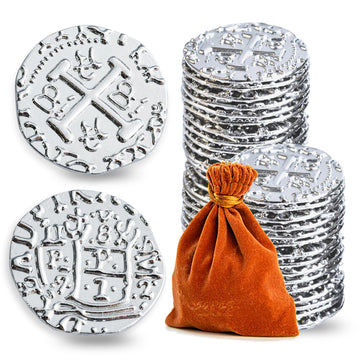 Metal Pirate Coins, Prefdo 50Pcs Silver Treasure Coin Set Spanish Doubloon Replicas Fantasy Metal Coins Pirate Gold Coins Tokens