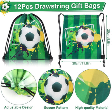 Winrayk 12 Sets Soccer Party Favors Sports Birthday Supplies, Soccer Goodie Bags Drawstring Bags Tattoo Stickers Gifts Toys Good