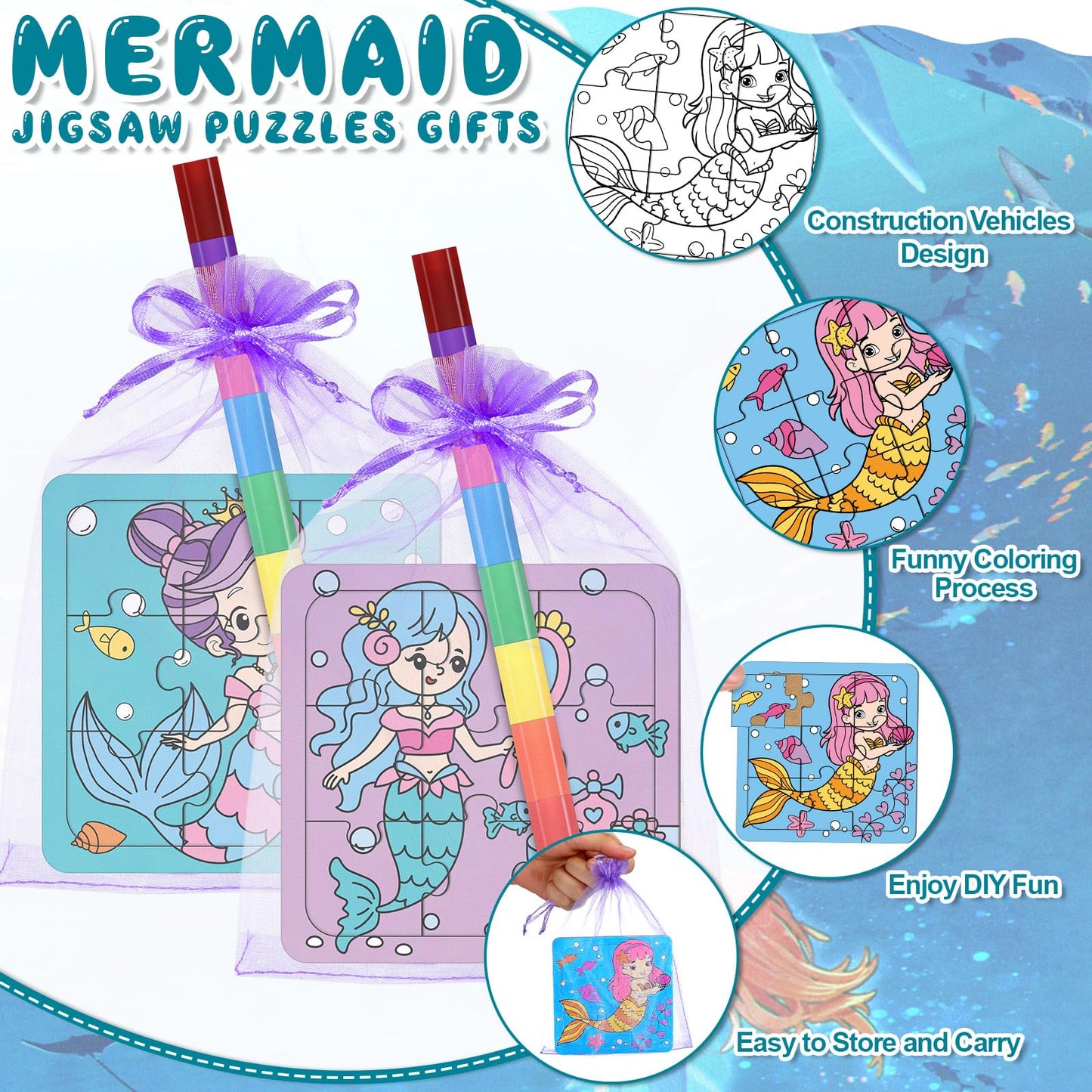 Fullhawl 12 Sets Mermaid Puzzles Underwater Color Your Own Puzzles DIY Jigsaw Crafts with 12 Stackable Crayons and 12 Bags for Under The Sea Theme Gifts Birthday Party Supplies(12  Mermaid)