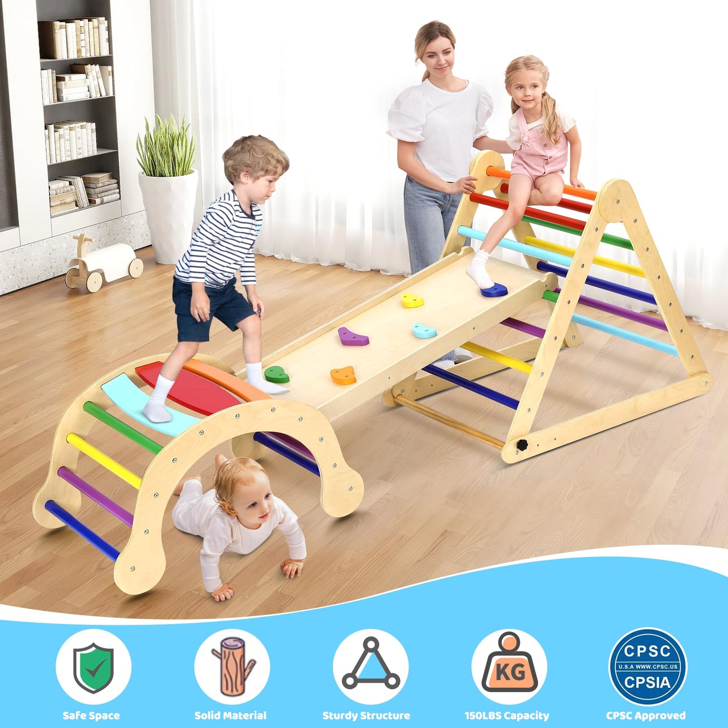Yoleo Large Pikler Triangle Set 7-In-1 With Adjustable Height, Montessori Toddler Climbing Toys Indoor With Sturdy Base, Easy-Fo