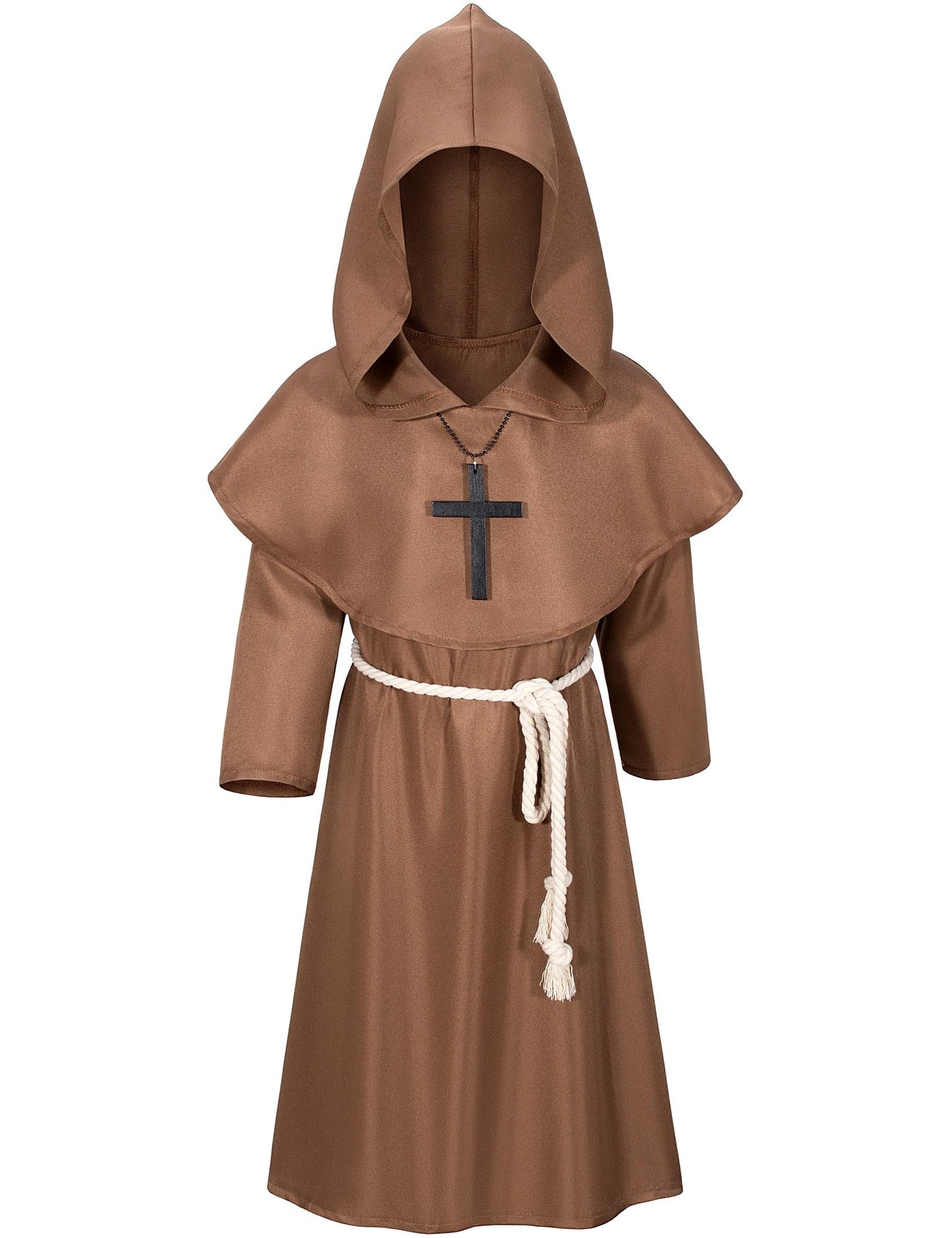 Kids Medieval Renaissance Monk Costume Priest Friar Wizard Cloak Hooded Robe Cosplay Costume Belt Necklace Set(BW 110)
