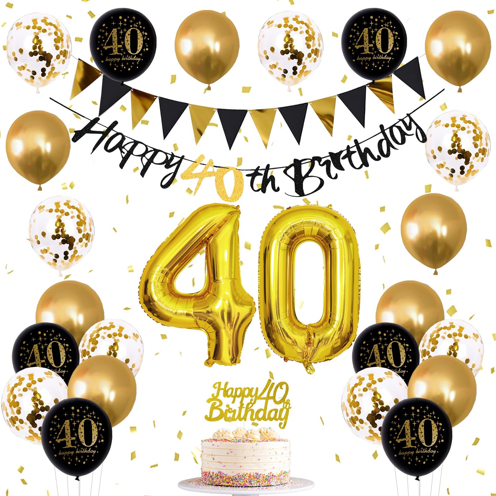 Jobkoo 40Th Birthday Decorations For Man, Black Gold 40Th Birthday Balloons Black Happy 40Th Birthday Banner 40Th Birthday Cake