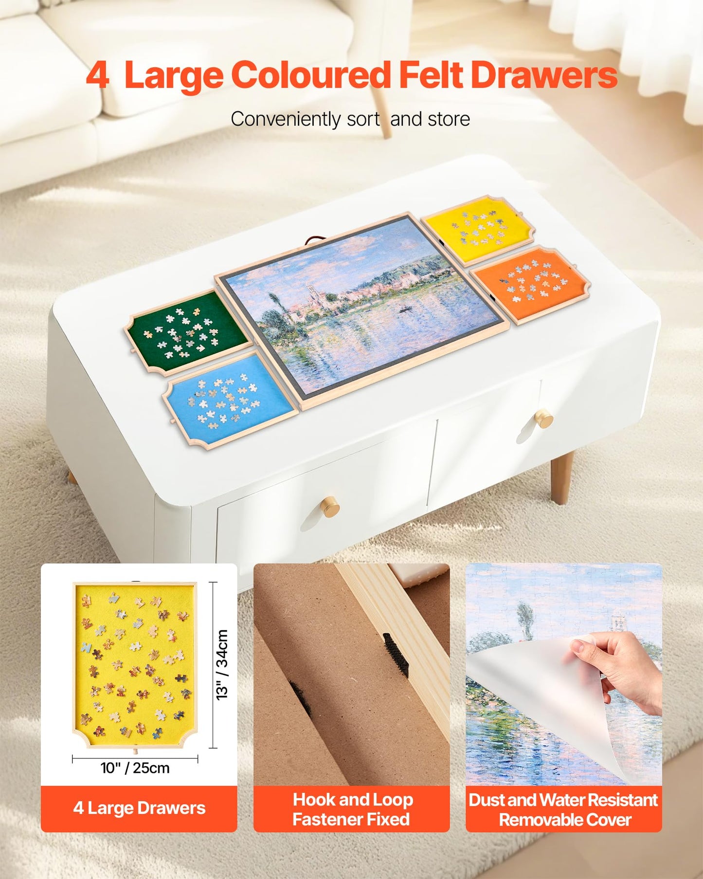 VEVOR 1000 Piece Rotating Puzzle Board with 4 Colorful Felt Drawers and Cover, 29x21 in Portable Wooden Table, Adjustable 2-Tilt