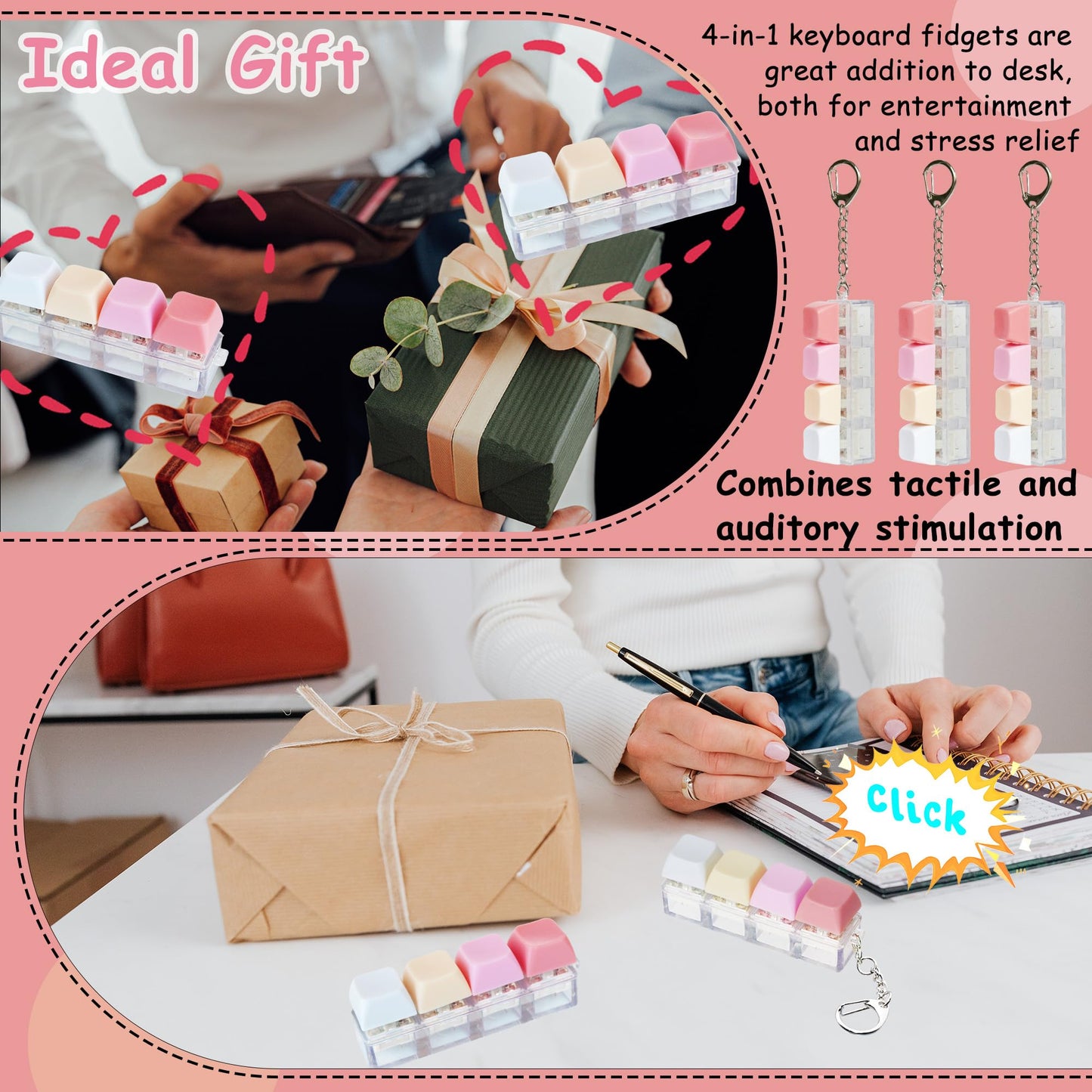 2 PCS Keyboard Fidget Toy, Keyboard Fidget Keychain 4-in-1 Keyboard Decompression Button Finger Clicker Toys, Button Stress Reli