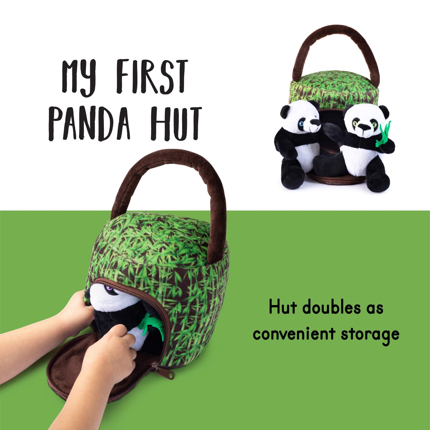 Plush Creations Talking Plush Panda Toy Set | 4 Soft Pandas & Hut Carrier | Green | Perfect Gift for Babies & Toddlers