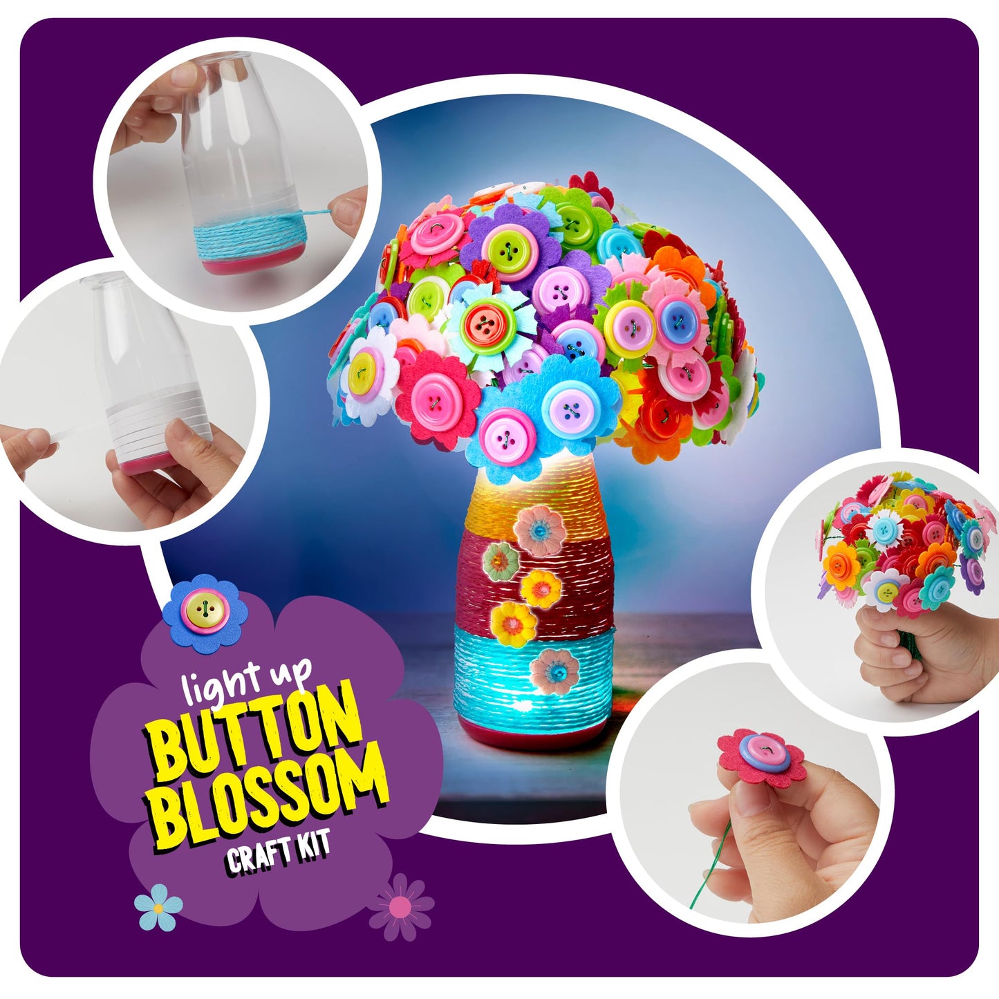 Dan&Darci Light Up Button Flower Craft Kit for Kids, Multi-colored, Medium, Ages 4-8, Arts & Crafts Gift
