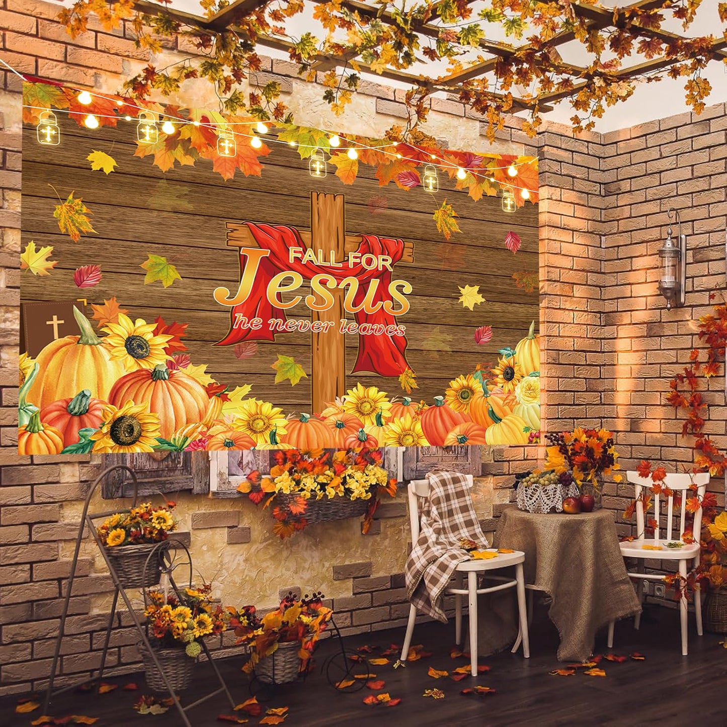 LTDKAEN Fall for Jesus Backdrop He Never Leaves Wooden Autumn Thanksgiving Backdrop Autumn Harvest Pumpkin Maple Leaves Sunflowe