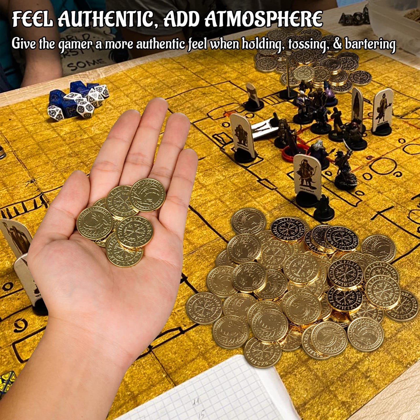 CZYY DND Fantasy Coins Set - 50 Antique Gold Metal Tokens with Leather Pouch for RPG, LARP, Board Games - Model CT17