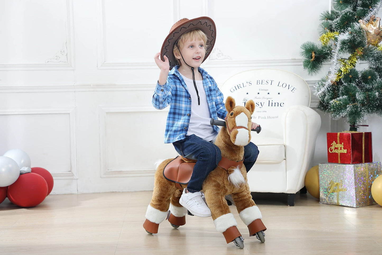 PONYEEHAW Ride on Horse Toy for Kids, Brown Plush Animal, 25.9" L x 12.2" W x 28.3" H, Ages 3-