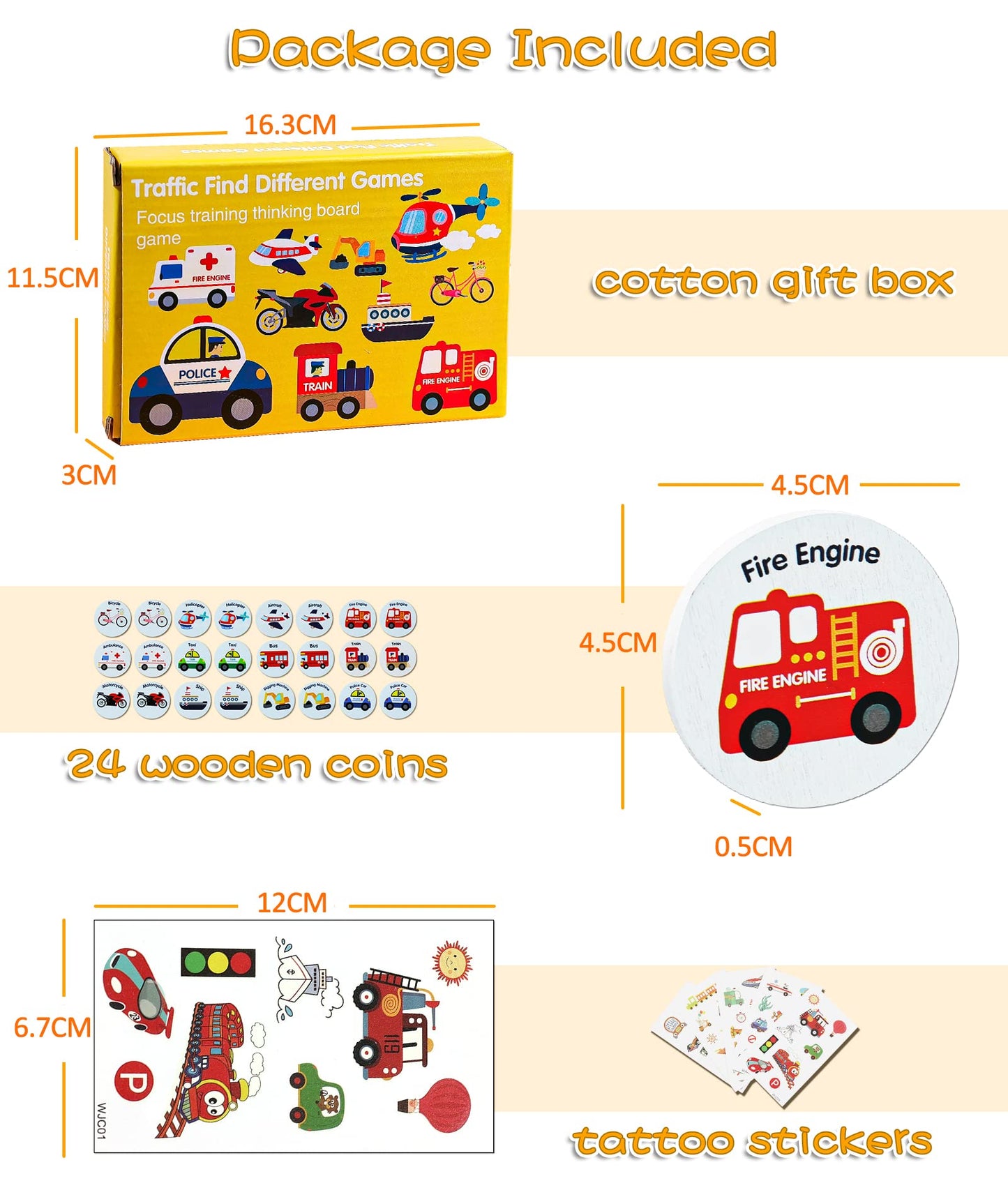 Wooden Match Memory Game For Kids, Protado 24Pc Memory Matching Cards With 5 Pc Tattoo Stickers, Educational Memory Matching Game For Pre-Kindergarten Early Learning Development Girls And Boys-Vehicle