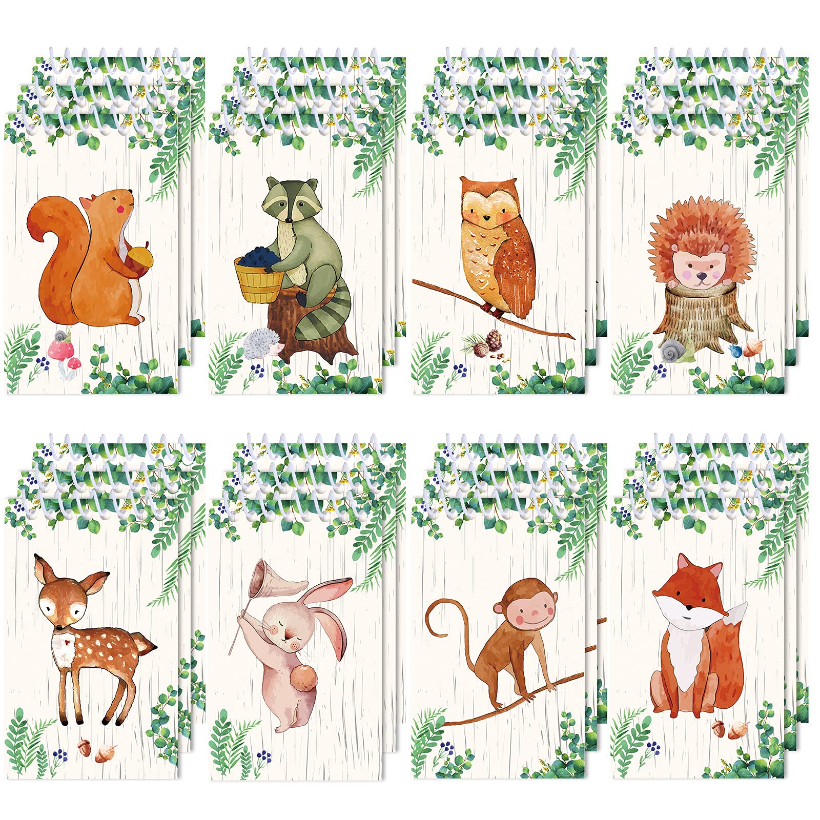 Clabby 24 pcs Woodland Creatures Mini Notepads, Forest Animal Party Favors Spiral Tiny Notebooks Bulk Teacher Classroom Reward P