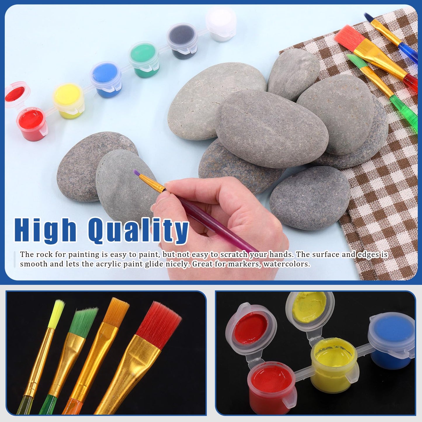 Glarks 34Pcs Rock Painting Kit, Including 15Pcs 2-3 Flat Painting Stones River Rocks, 12 Colors Non-Toxic Washable Paint, 6Pcs P