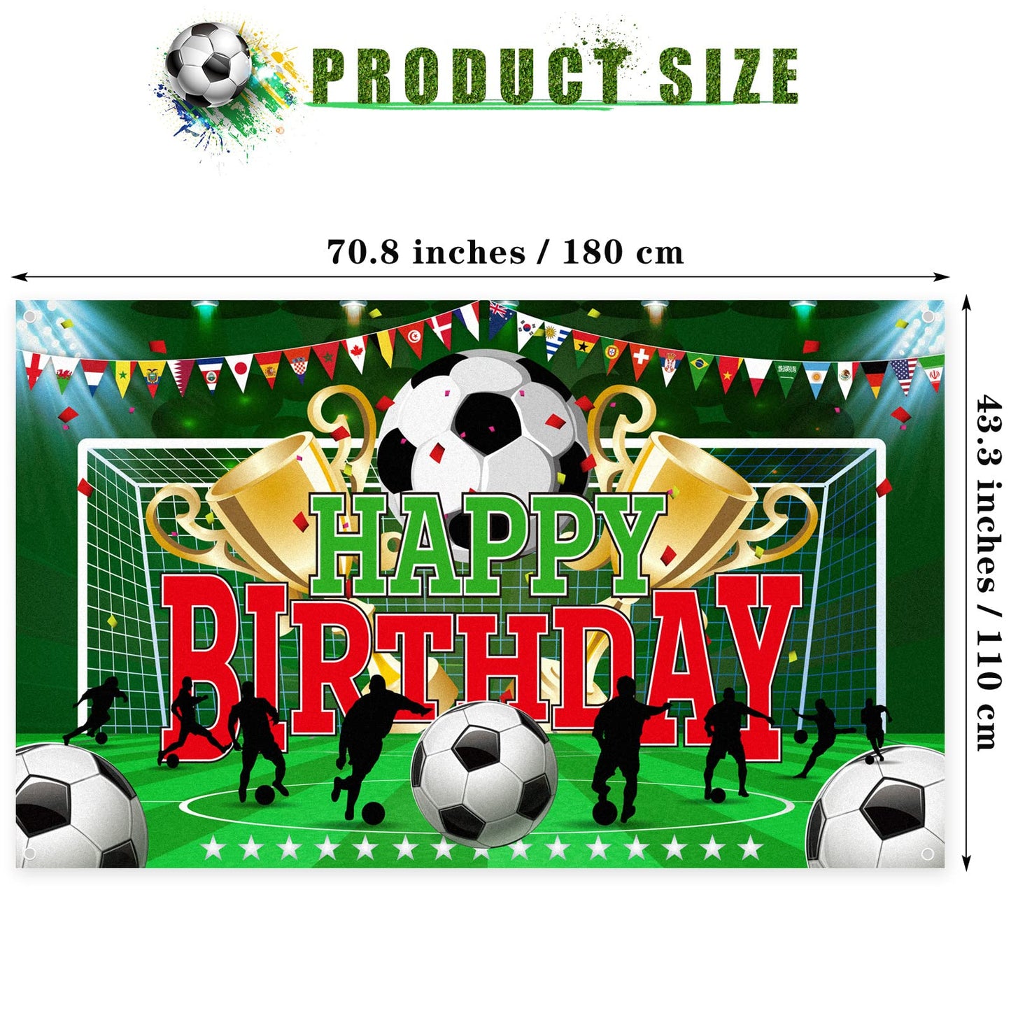 durony Soccer Party Backdrop - 70.8x43.3" Polyester Birthday Banner, Black/Orange/Yellow, Model DY0661