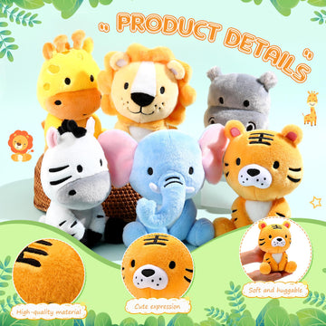 Roundfunny 6 Pcs Small Stuffed Safari Animals Bulk, 7 Inch Jungle Animals Stuffed Toys, Adorable Plush Lion Zebra Giraffe Tiger