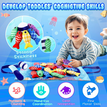 Montessori Fish Toys, 22 Pcs Cloth Fishing Game For Toddlers 6 To 12 Months Girls Boys, Baby'S Sensory Toy With Stacking Cups, N