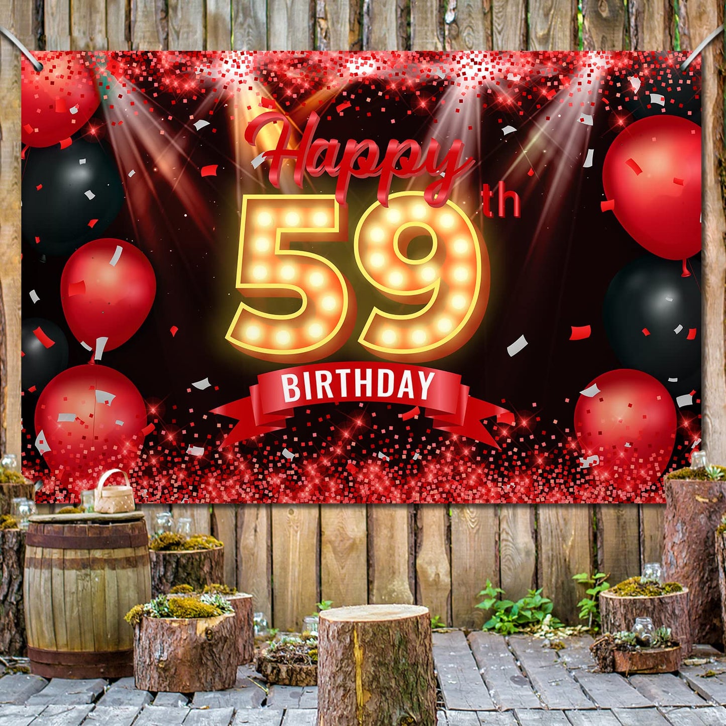 Happy 59Th Birthday Banner Backdrop Red And Black 59 Years Old Background Bday Decorations For Women Men Photography Party Supplies Glitter