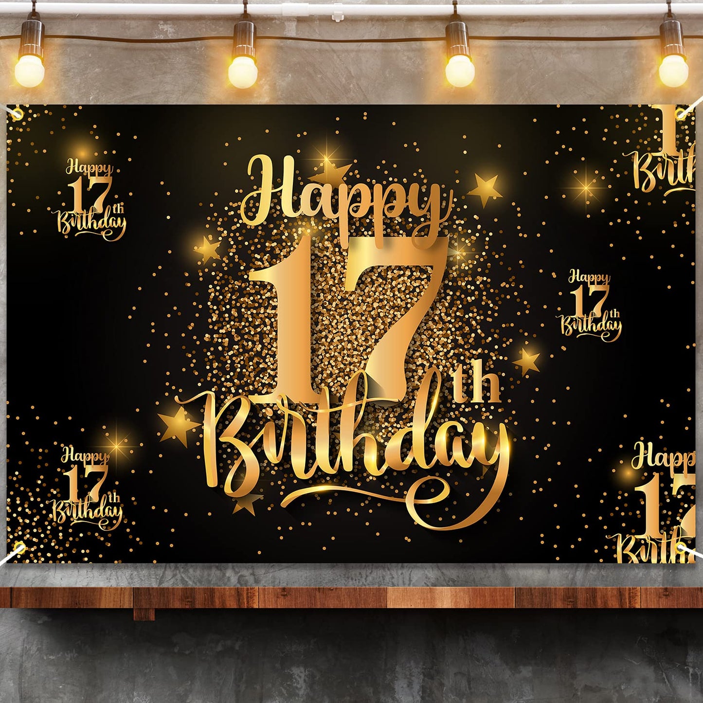 Happy 17Th Birthday Backdrop Banner Step And Repeat 17 Years Old Background Decorations For Women Men Her Him Photography Party Supplies Glitter Black Gold