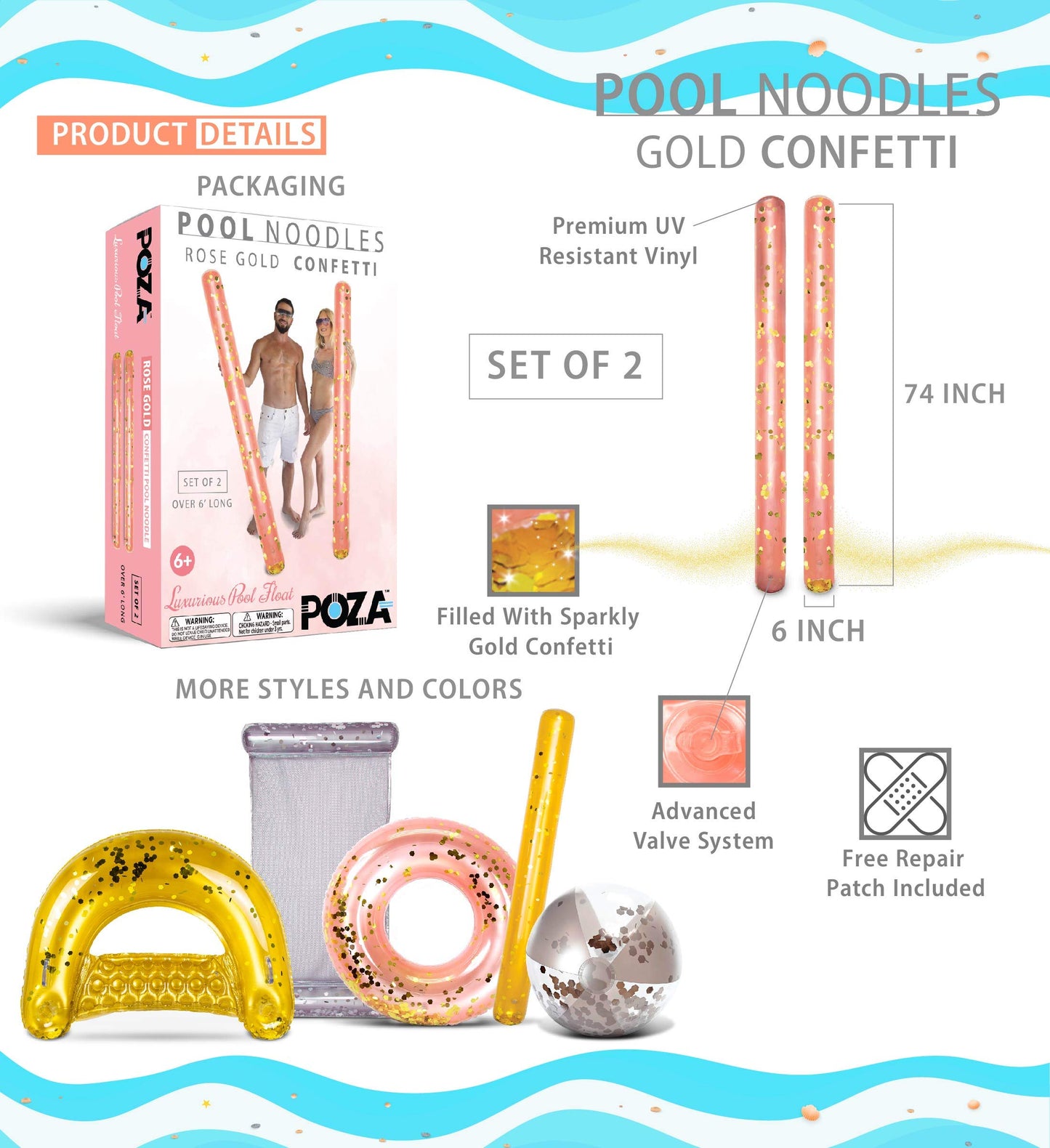 POZA 2 Pack Inflatable Pool Noodles - enhanced Jumbo Pool Noodle Float  elegant Giant Pool Floats Set  Sparkle Gold Confetti Pool Float for Swimming Pool  Beach  River and Lake  74 Inches - Rose Gold