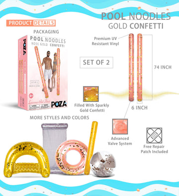 POZA 2 Pack Inflatable Pool Noodles - enhanced Jumbo Pool Noodle Float  elegant Giant Pool Floats Set  Sparkle Gold Confetti Pool Float for Swimming Pool  Beach  River and Lake  74 Inches - Rose Gold