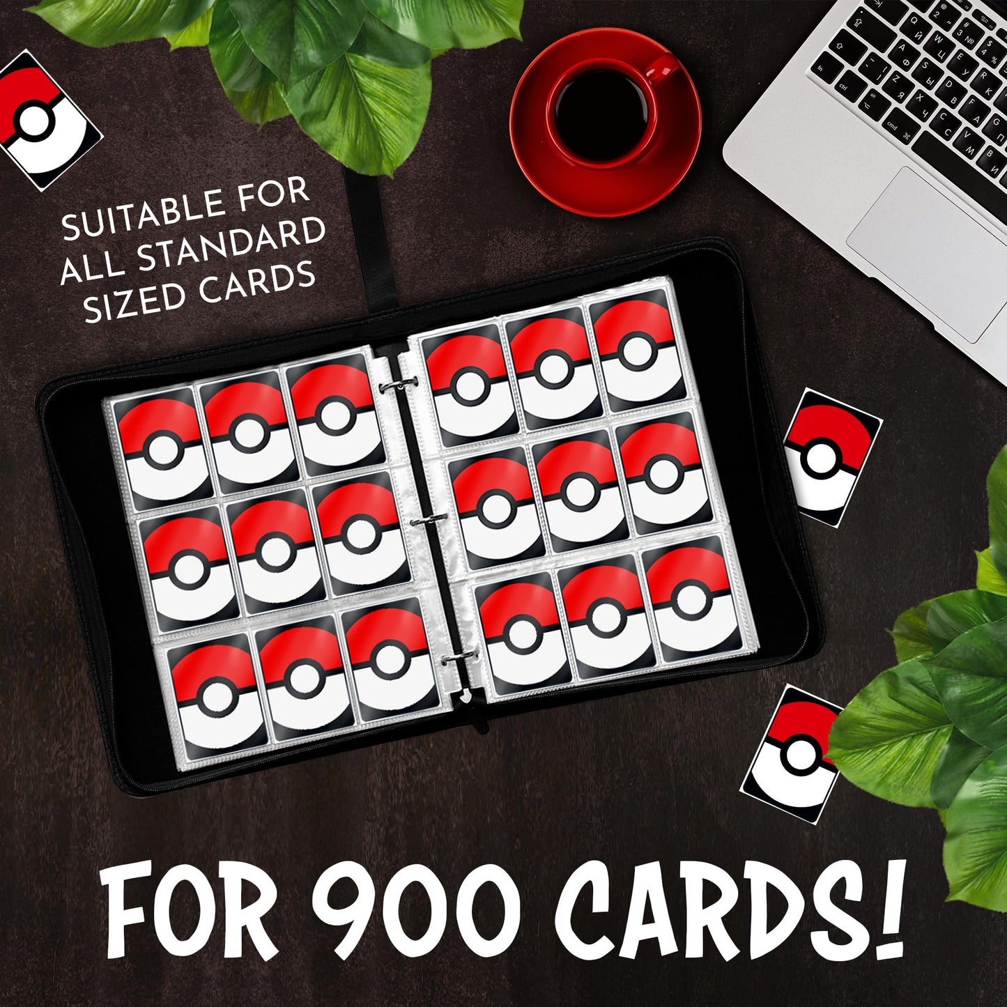 enhanced Trading Card Binder 13 x 10.5 with 50 Sheets (9-Pocket Double-Sided) - Holds 900 Cards  PU Leather  Zipper Closure  Handle  Velvet Liner  Includes Clear Card Holder