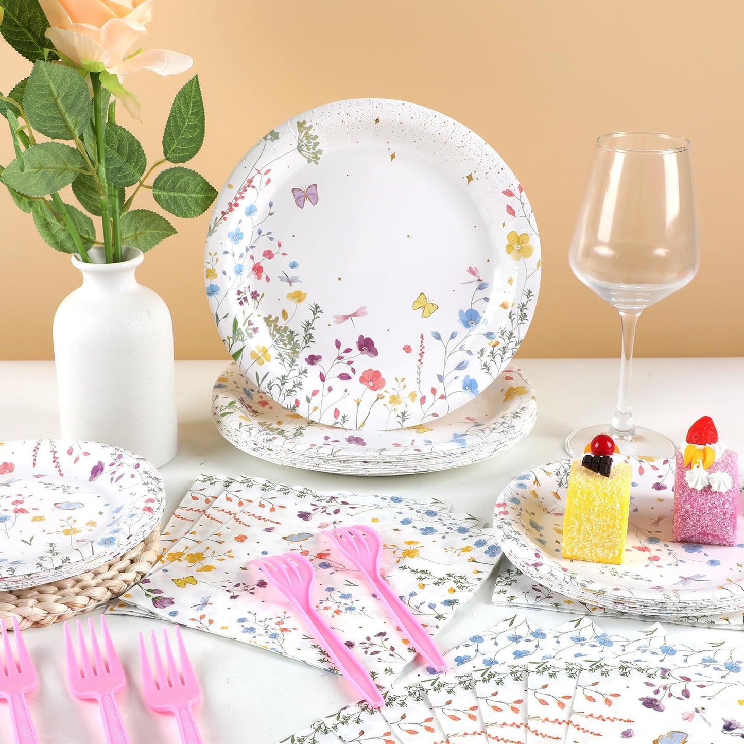 Obusatt 100 Pcs Wildflower Paper Plates And Napkins Party Supplies Wildflower Party Decorations Floral Wildflower Disposable Pla