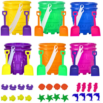 4E'S Novelty 12 Sets Beach Toys - Includes 12 Sand Buckets, 12 Shovels, 24 Sand Molds For Kids - Small 5.75'' Beach Buckets Bulk