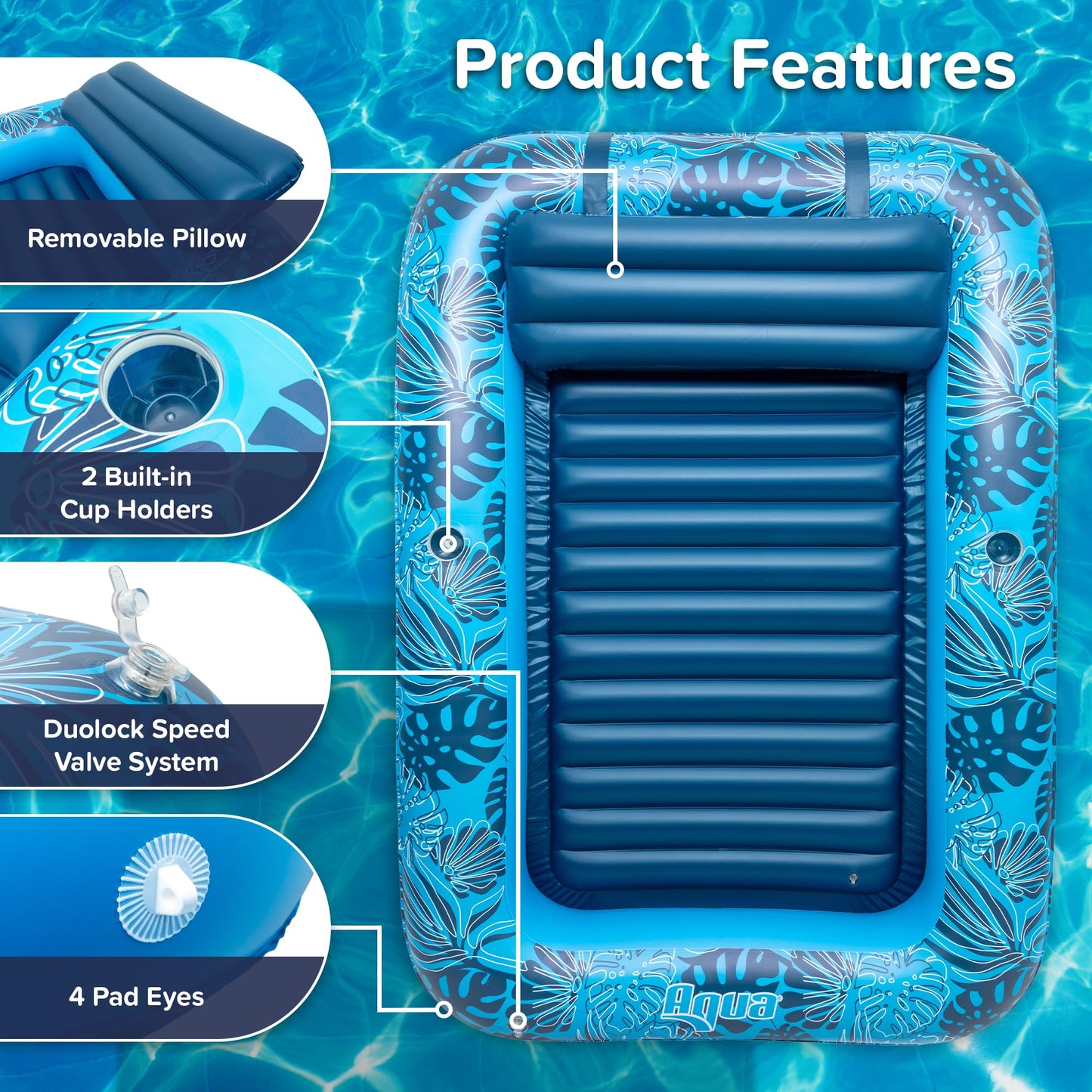 Aqua Inflatable Tanning Pool Lounger - Extra Large (80 X 56 In) - Premium Pool Float With Cupholders And Removeable Pillow For R