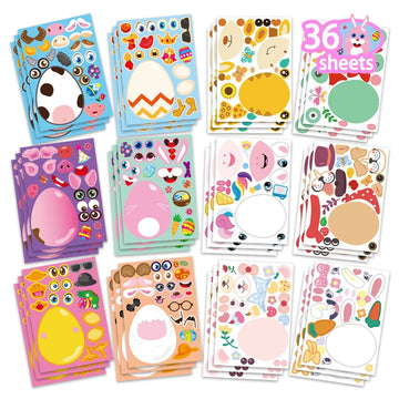 36 Sheets Easter Egg Stickers For Kids,Easter Basket Stuffers,Make A Face Sticker With Easter Egg Themed,Make Your Own Sticker,E