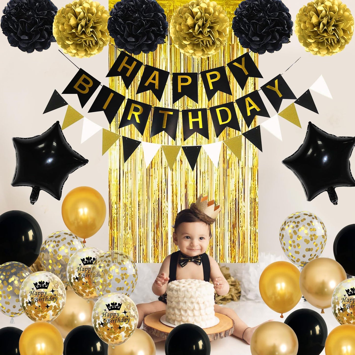 Black And Gold Birthday Decorations, Gold Black Foil Confetti Birthday Balloons Black Foil Balloon Happy Birthday Banner Pom Pom