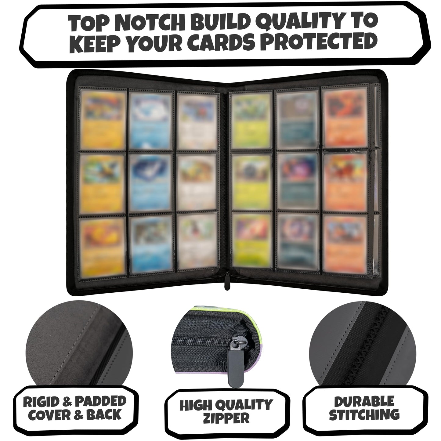 3D Card Binder For Pokemon - Stunning 3D Raised Pk Types Design In Pu Leather With Zipper - Includes 9 Pocket Pages For 360 Card