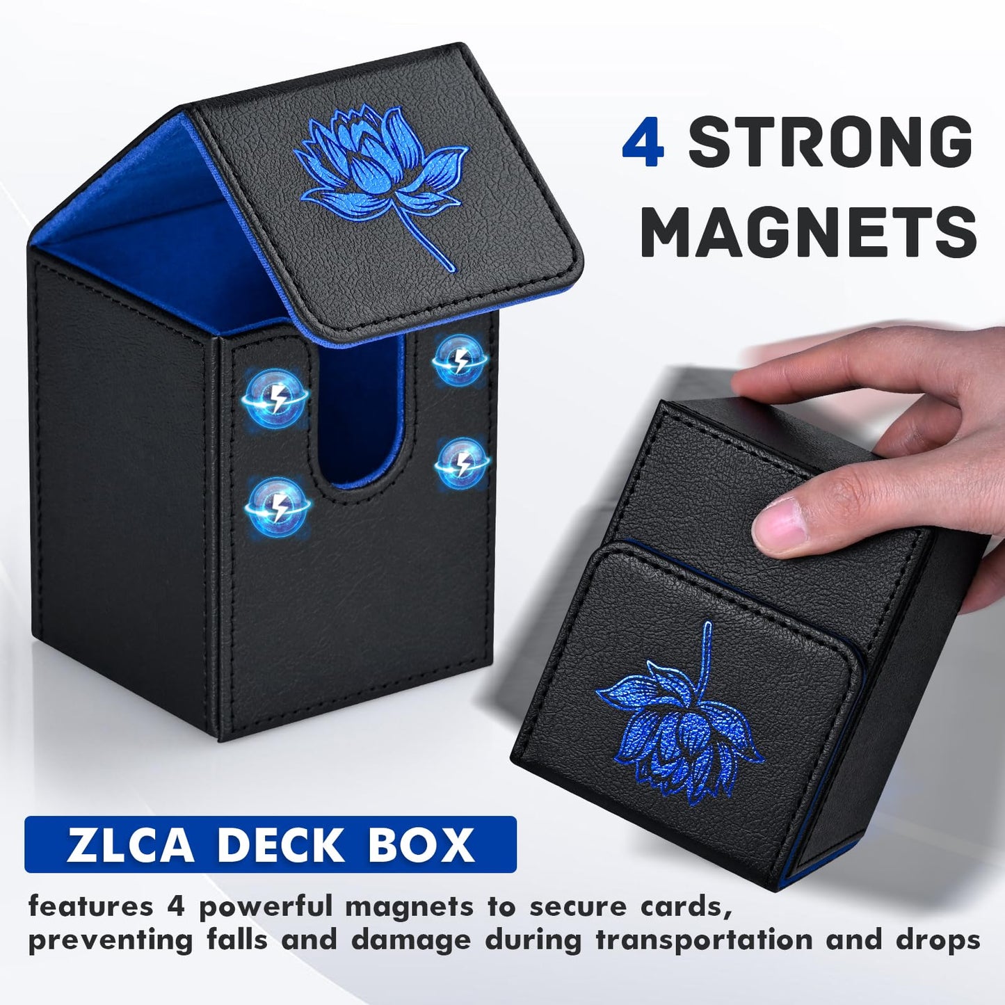 Zlca Card Deck Box For Mtg Cards With 2 Dividers, Card Storage Box Fits 100+ Single Sleeved Cards, Pu Leather Tcg Card Deck Case Holder For Magic Commander Yugioh (Black&Blue,Lotus)