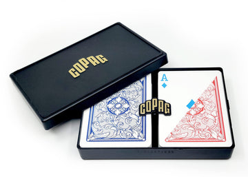 Copag 4-Color Legacy Design 100% Plastic Playing Cards, Poker Size (Standard) Regular Index Red/Blue Double Deck Set