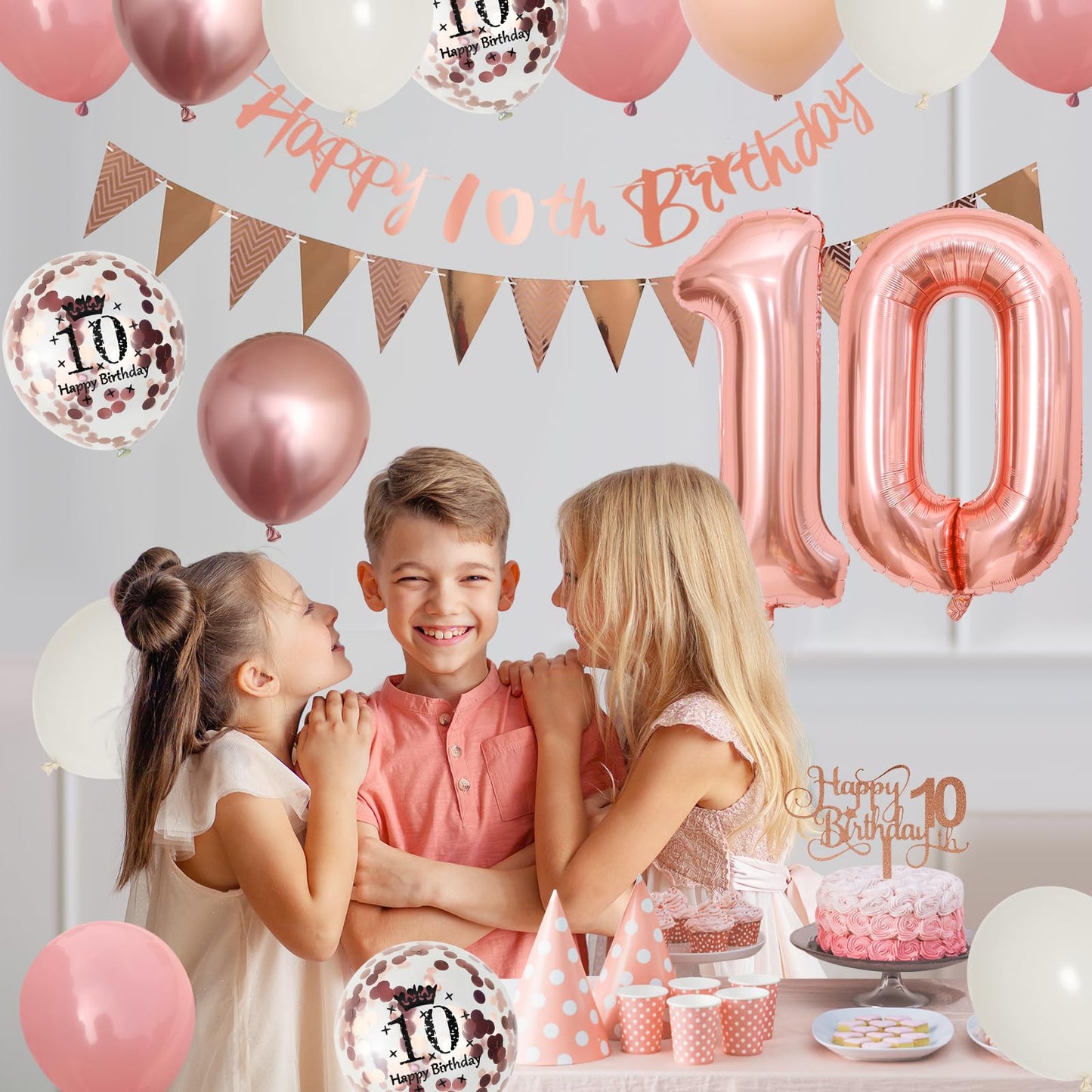 10Th Birthday Decorations Retro Pink Rose Gold,10Th Birthday Balloons,Happy 10Th Birthday Banner With Cake Toppers Rose Gold Num