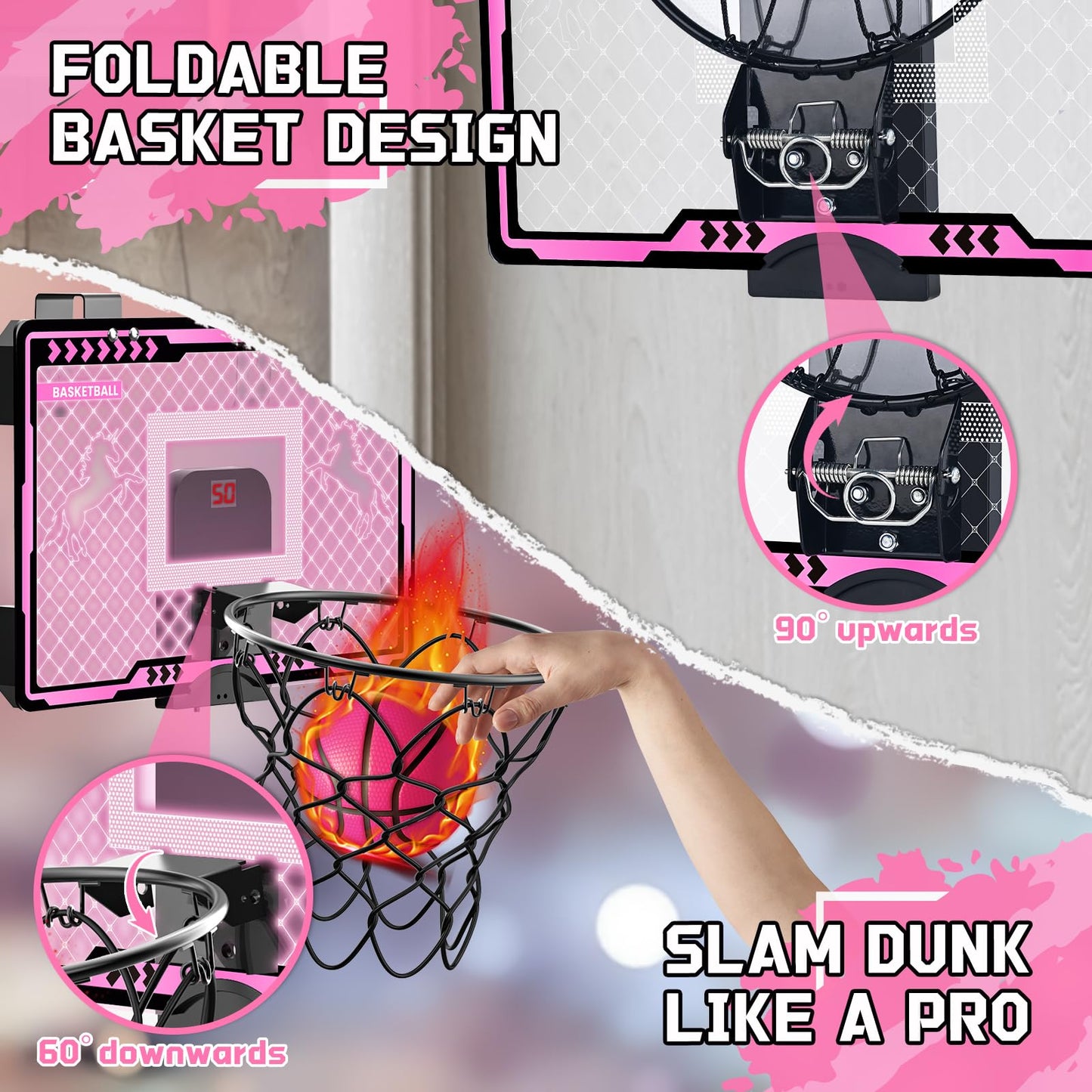 Basketball Hoop Indoor Kids Girls Pink - Mini Over The Door Basketball Hoops With Electronic Scoreboard Toys & 3 Balls, Unicorn
