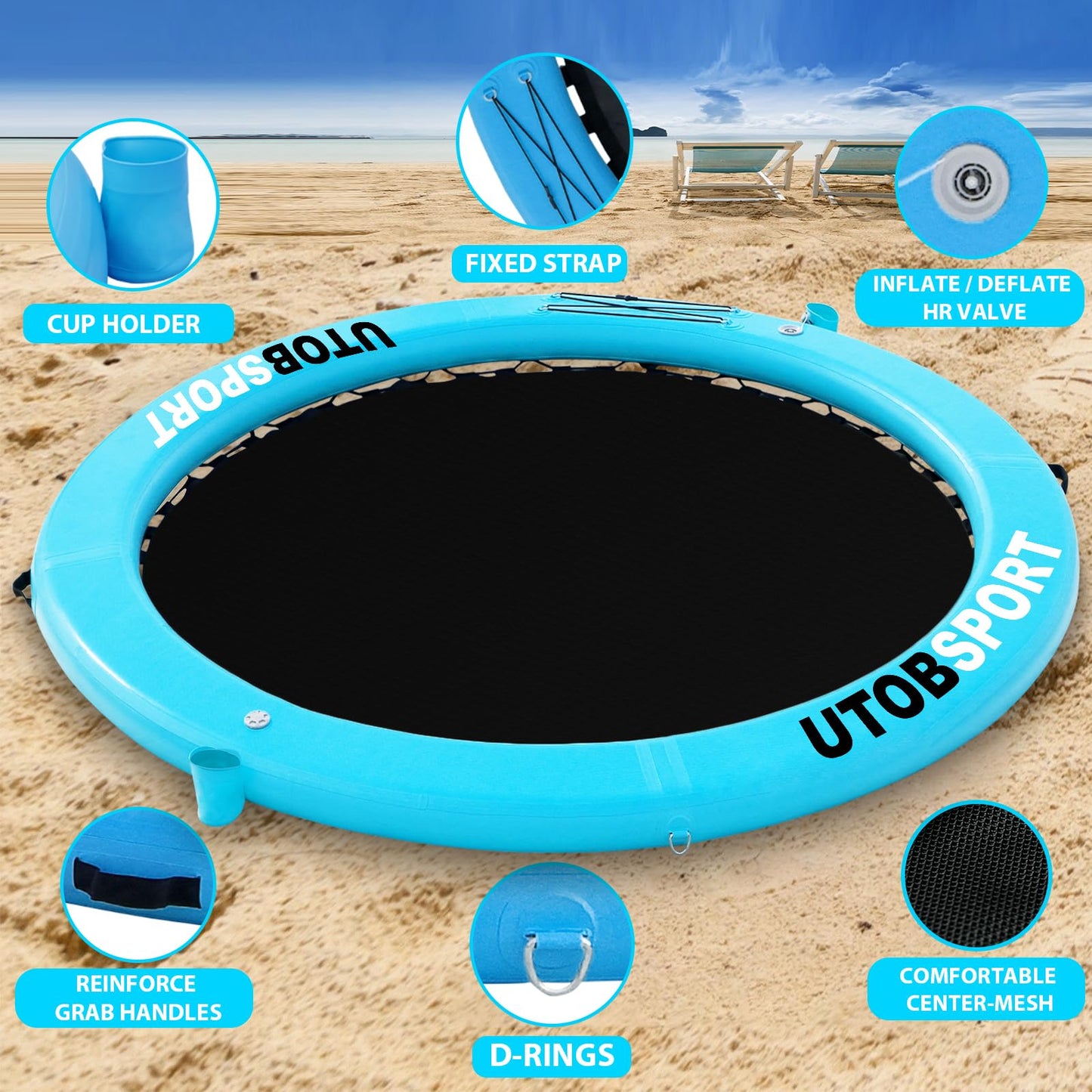 Utobsport Inflatable Water Hammock Floating Dock 8X8 Ft Water Floating Island Raft For Lake Boat Pool Ocean | Adults Kids Dogs,