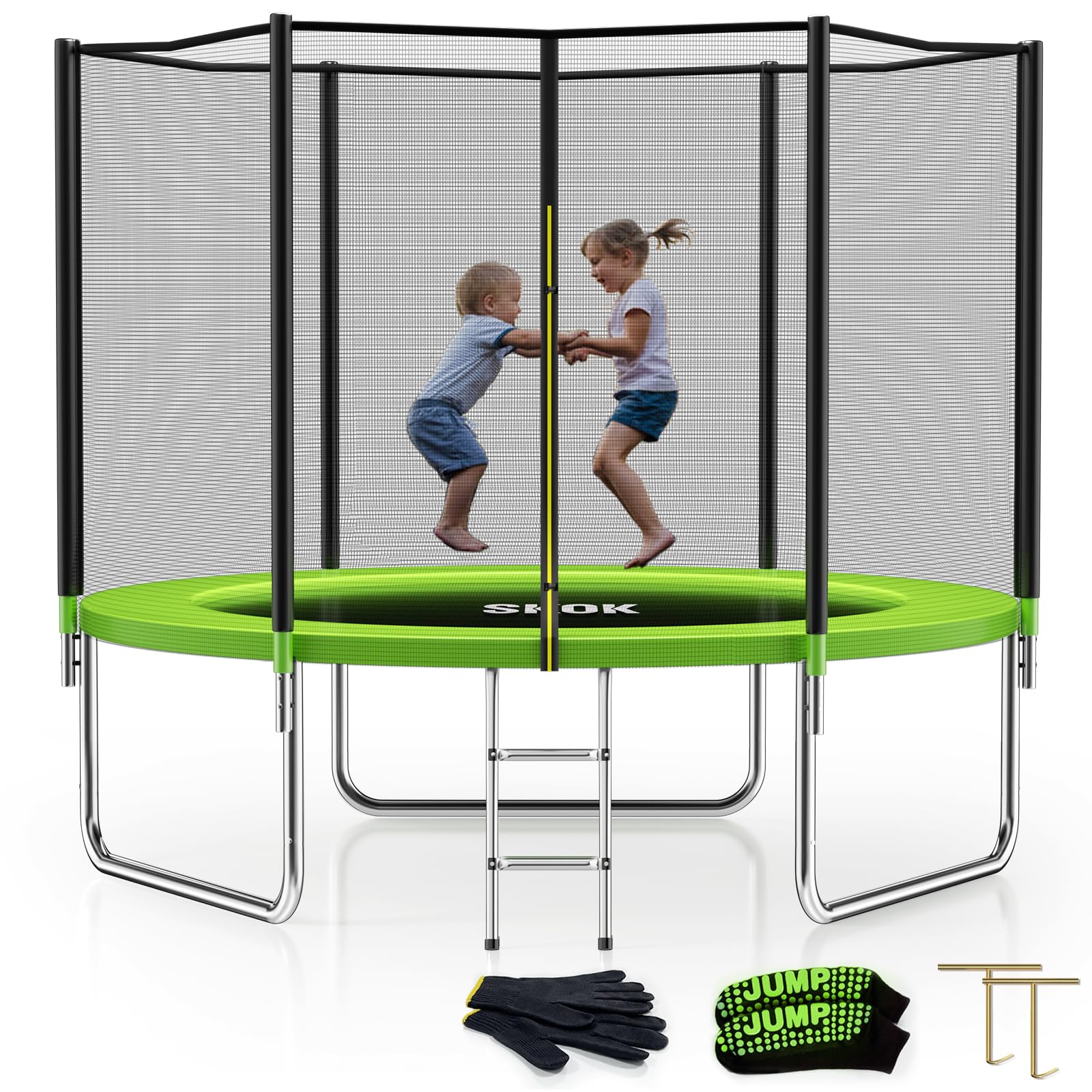 Skok Black 8Ft Recreational Trampolines With Enclosure Net, Outdoor Trampoline For Kids And Adults, Astm Approved, With Spring P