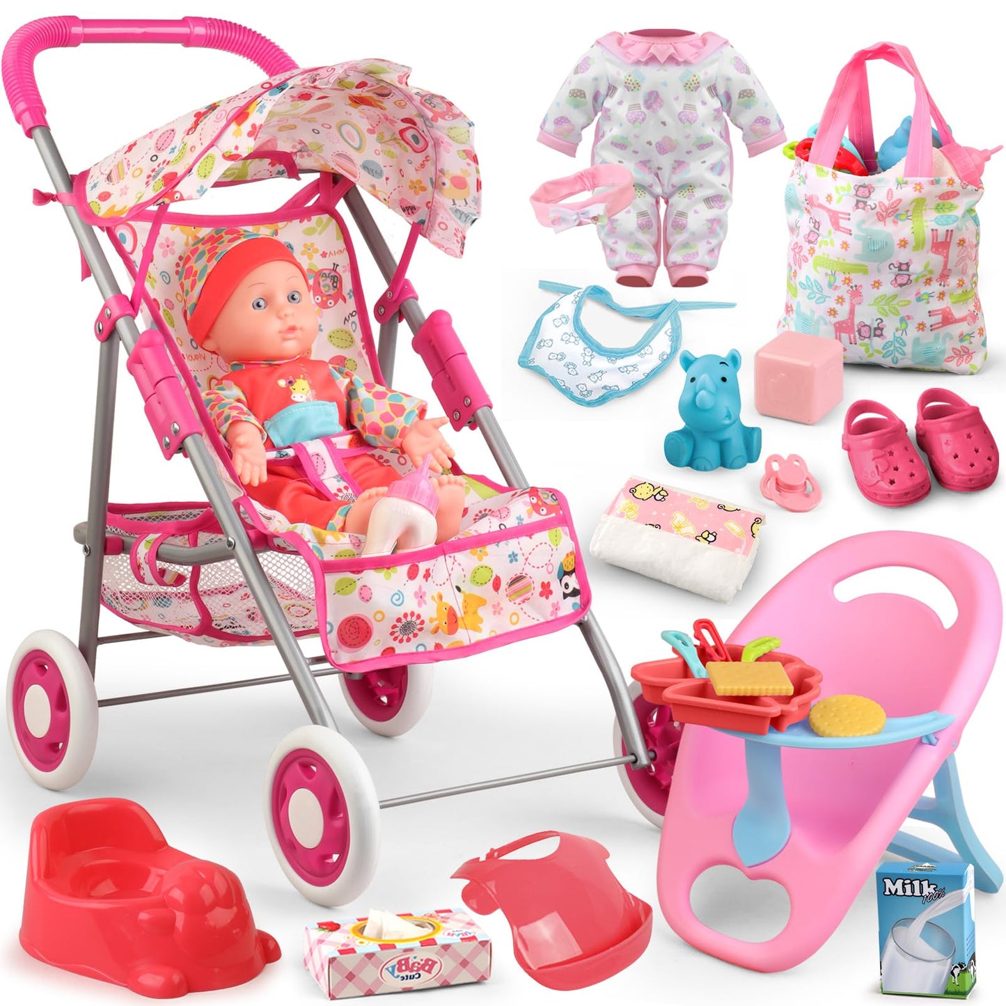 Baby Doll Stroller Set Toys For Girls Toddlers 3-5 4-6 Gifts,Baby Doll Set With 12.5 Inch Doll,1 Baby Dining Chair,20 Pcs Baby D