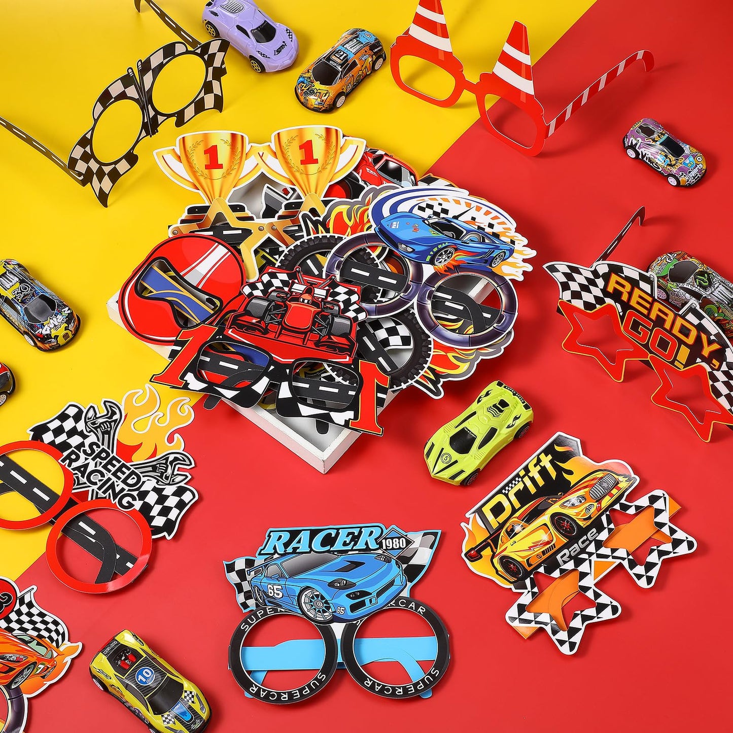 Herdear 32 Pcs Race Car Party Decorations Favor Racing Paper Glasses Frame Trunk Car Theme Eyeglasses Racing Car Party Favors fo