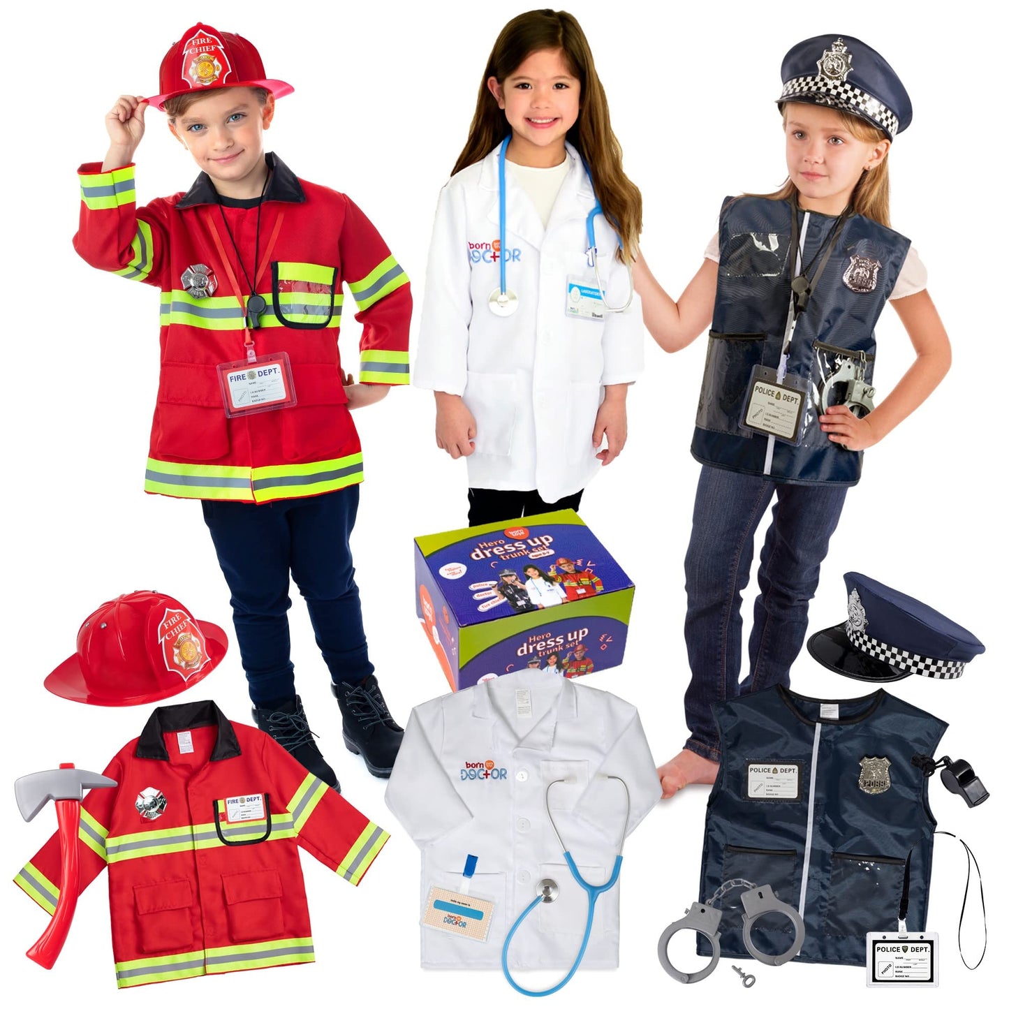 Born Toys Premium 16Pcs Costume Dress Up Set For Kids Ages 3-7 Fireman,Police Costume, And Doctor All Sets Are Washable And Have Accessories