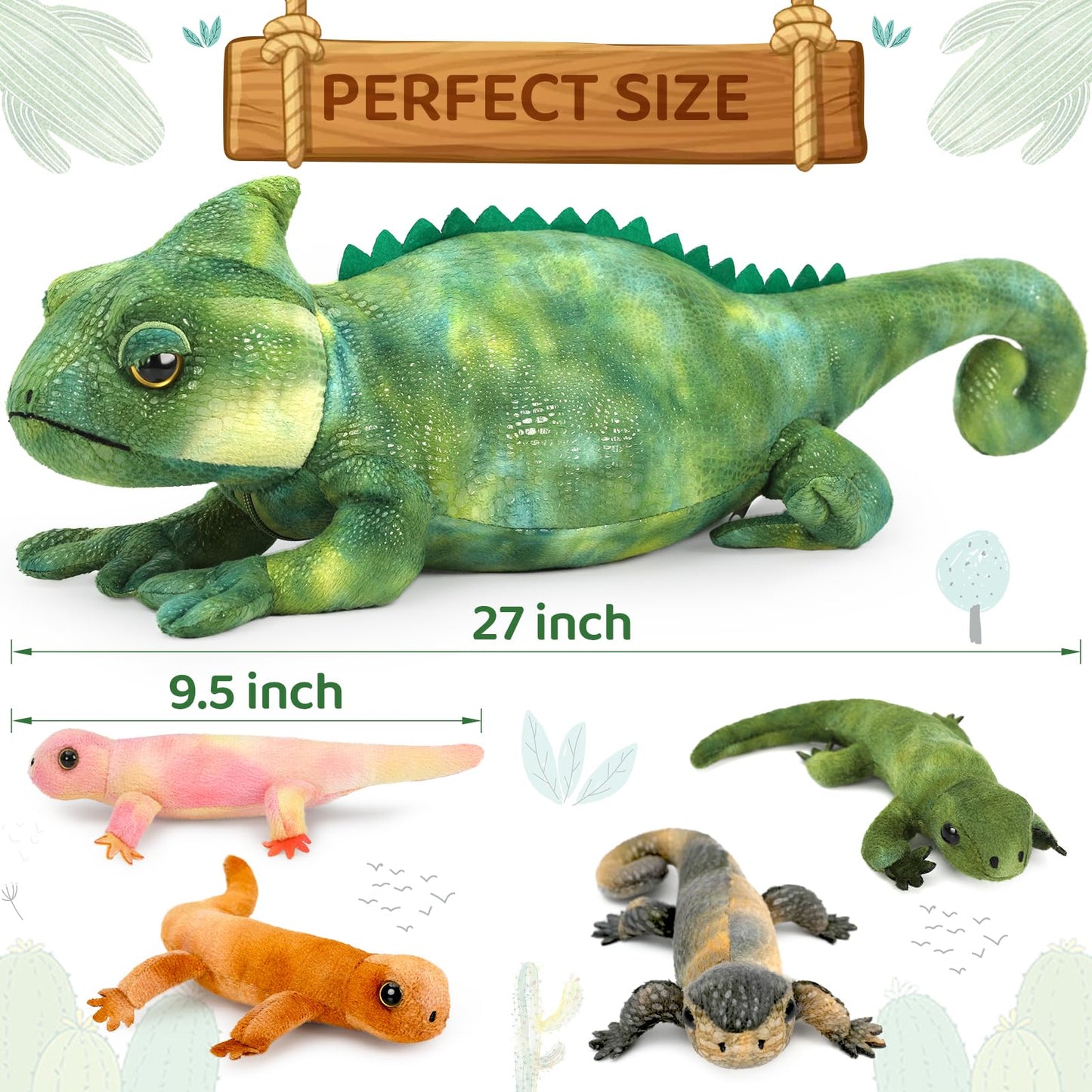 Karister Giant Lizard Plush Toy - 27" Mother Iguana with 4 Baby Lizards, Green Polyester Stuffed Animal for Kids, Model W383_0_68