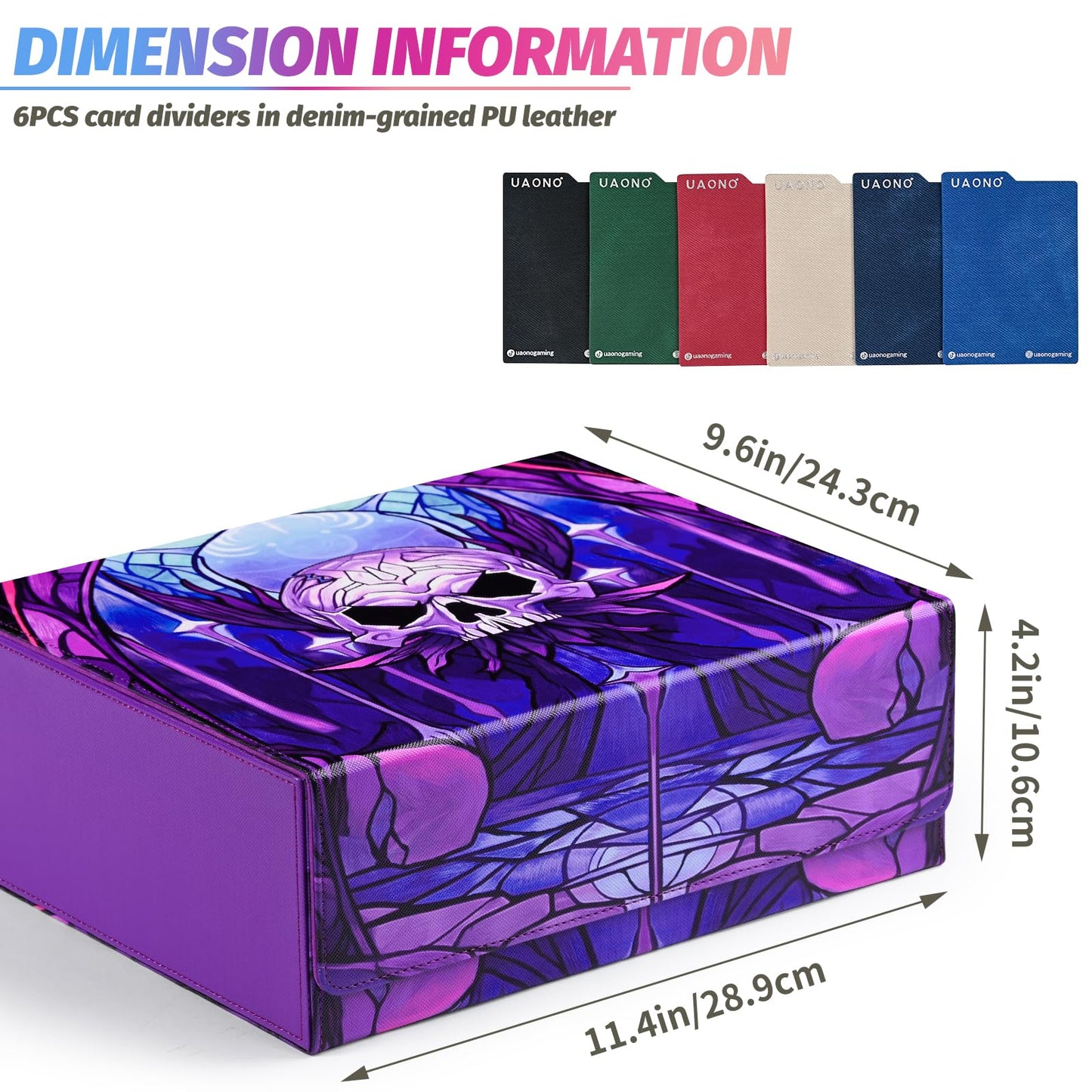 Uaono Card Storage Box For Mtg, Trading Card Deck Box Holds 1800+ With 6 Dividers, Leather Printing Magnetic Closure Card Storage Case Fits Tcg Ccg Sports Cards (Purple,Skull)
