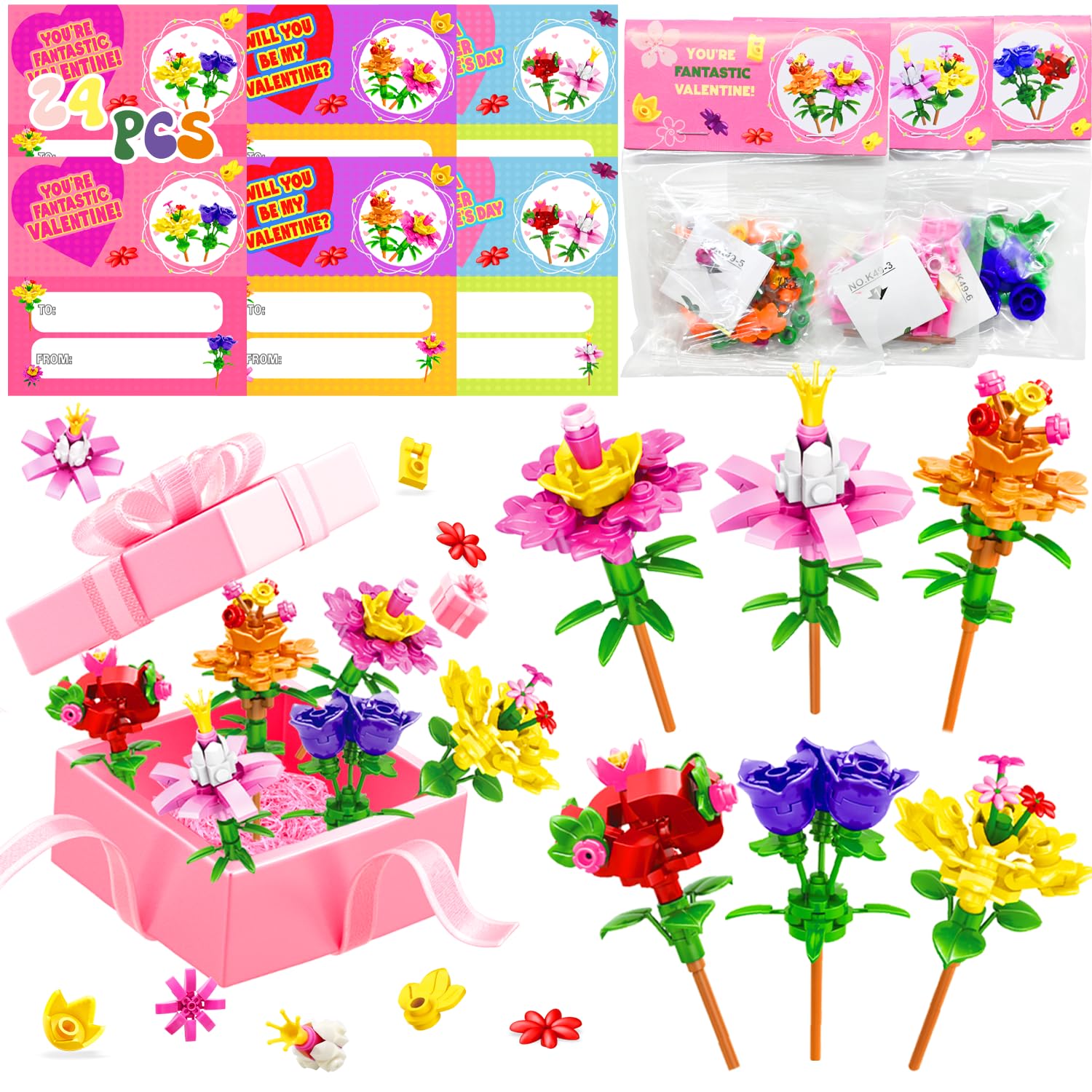 Umeelr 24 Pack Valentines Day Gifts For Kids, Flowers Bouquet Building Blocks With Valentines Day Cards, Valentine'S Classroom G