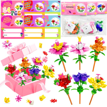 Umeelr 24 Pack Valentines Day Gifts For Kids, Flowers Bouquet Building Blocks With Valentines Day Cards, Valentine'S Classroom G
