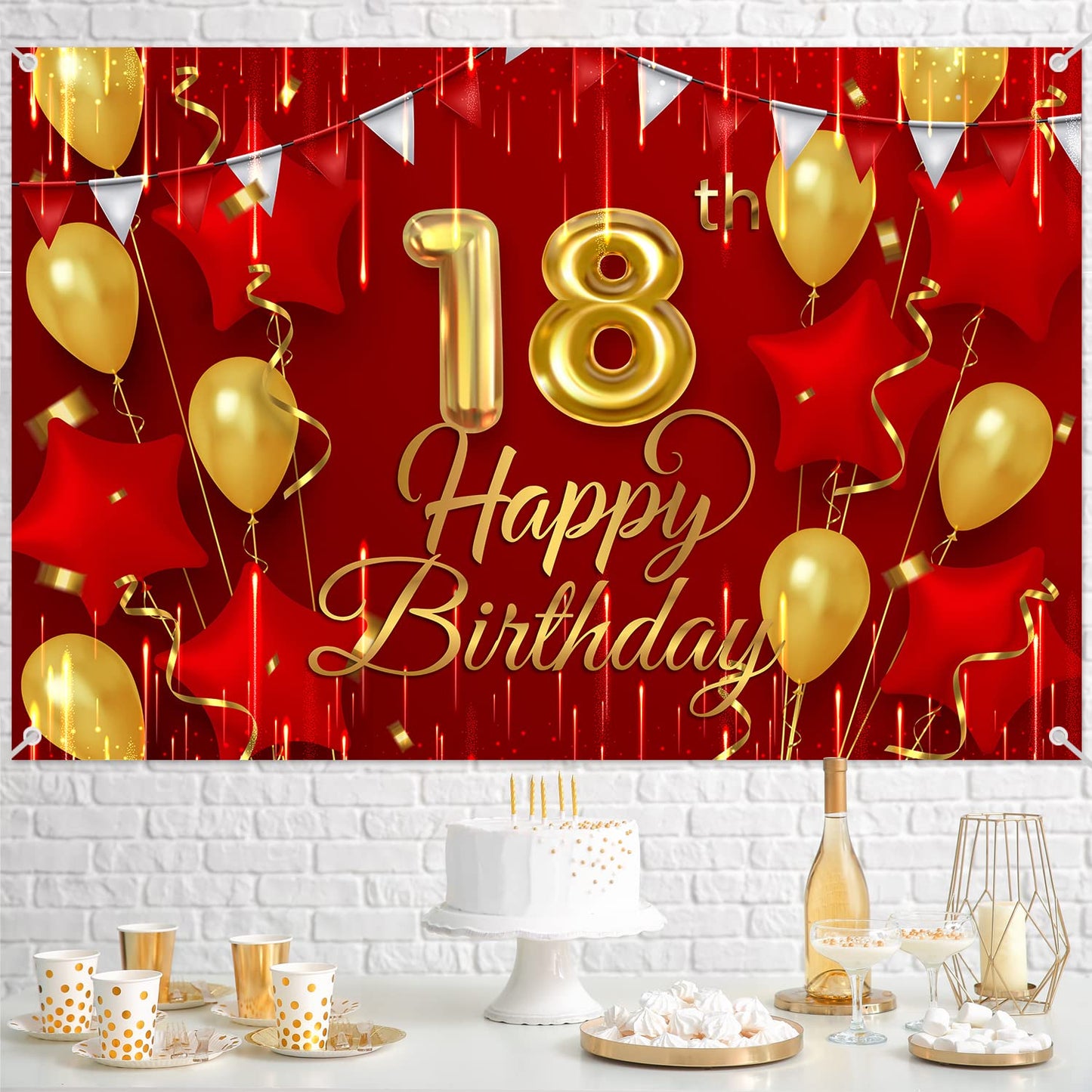 18Th Birthday Backdrop Banner Decorations Red And Gold For Boys Girls Happy 18 Years Old Bday Background Photography Party Decor Sign Supplies