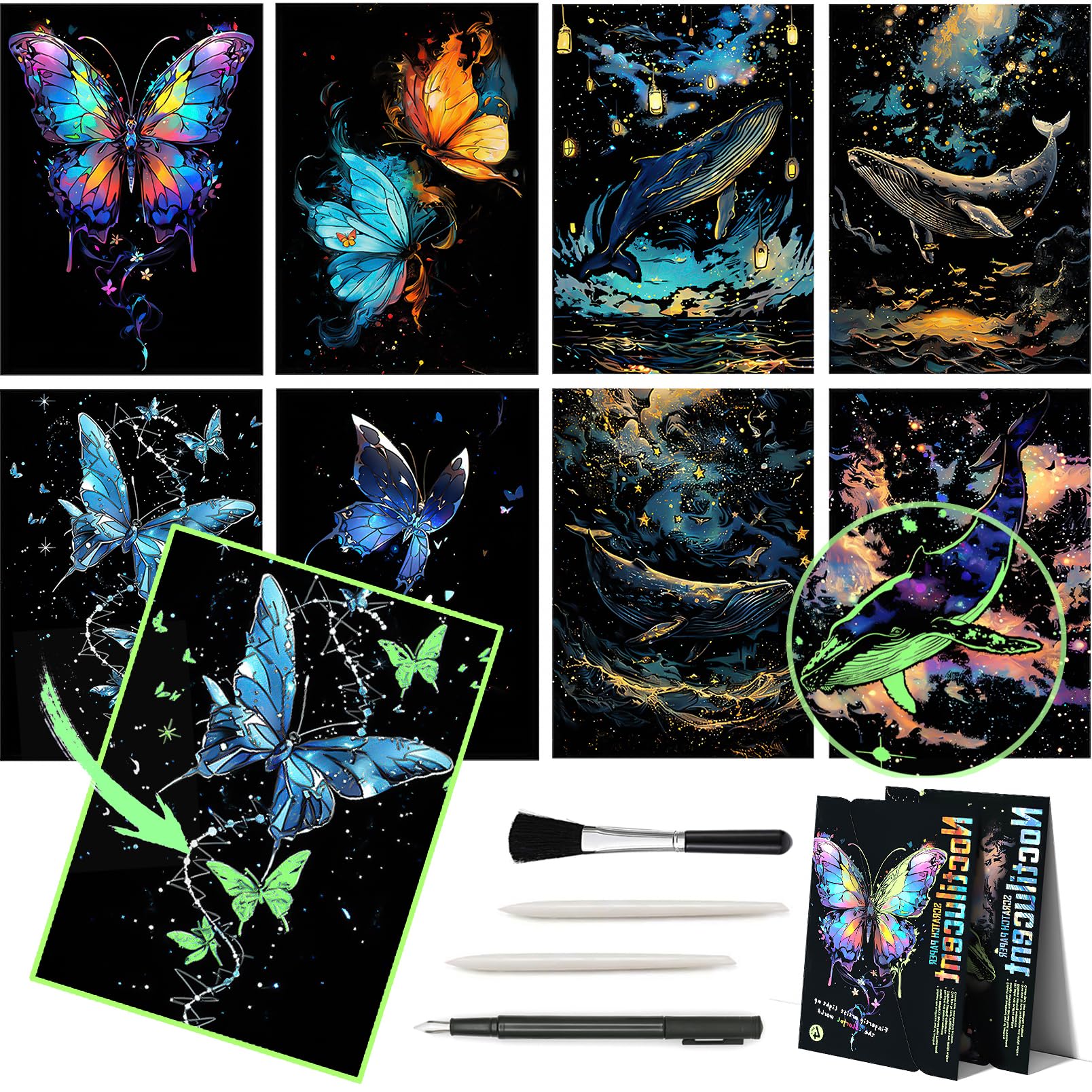 8 Sheet Noctilucent Scratch Art Rainbow Painting Paper with Pen / Cleaning Brush, Glow in The Dark Engraving Scratchboard(A4) fo