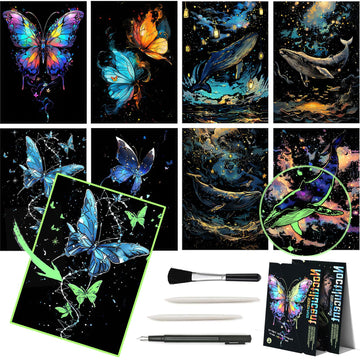 8 Sheet Noctilucent Scratch Art Rainbow Painting Paper with Pen / Cleaning Brush, Glow in The Dark Engraving Scratchboard(A4) fo